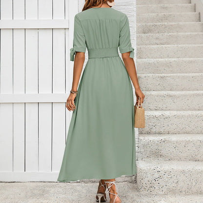 Damen Maxikleid mit Taillengürtel und Knöpfen