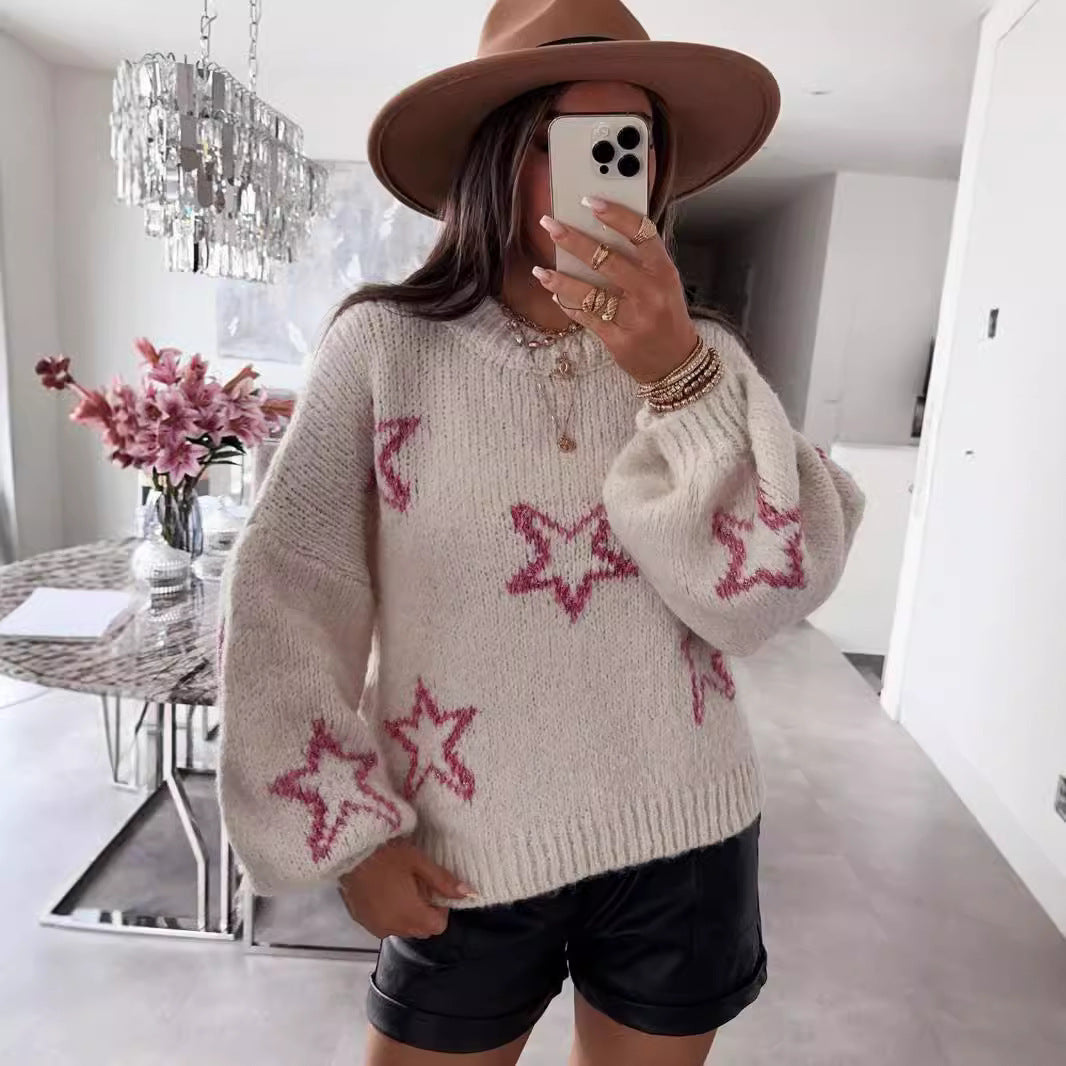 Damen Strickpullover Sternenmotiv Kuschelig Grau Eveloria