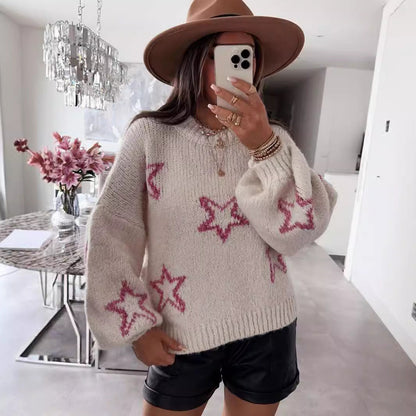 Damen Strickpullover Sternenmotiv Kuschelig Grau Eveloria