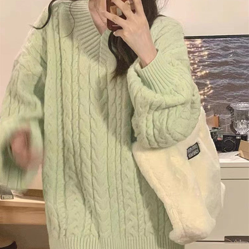 Damen Grobstrickpullover V-Ausschnitt Voluminöse Ärmel Eveloria