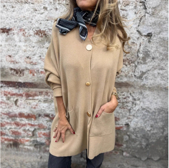 Damen Strickjacke mit Taschen und Knöpfen Elegant Beige
