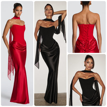 Damen Abendkleid Schulterfrei Elegant Schlitz Schwarz Eveloria - Eveloria