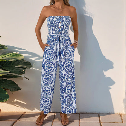 Damen Jumpsuit Floralmuster Baumwolle Mit Taillengürtel Beige