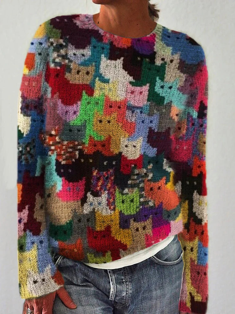 Damen Strickpullover Katzenmuster Eveloria