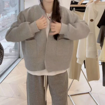 Damen Oversized Sweatjacke Praktische Taschen Modisch Grau Eveloria