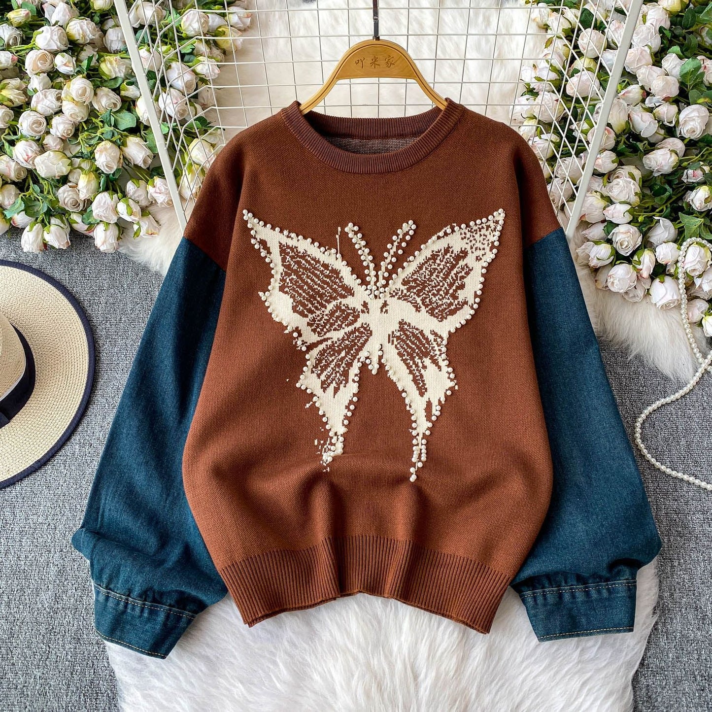 Damen Pullover Schmetterlingsmuster Denim Ärmel Blau