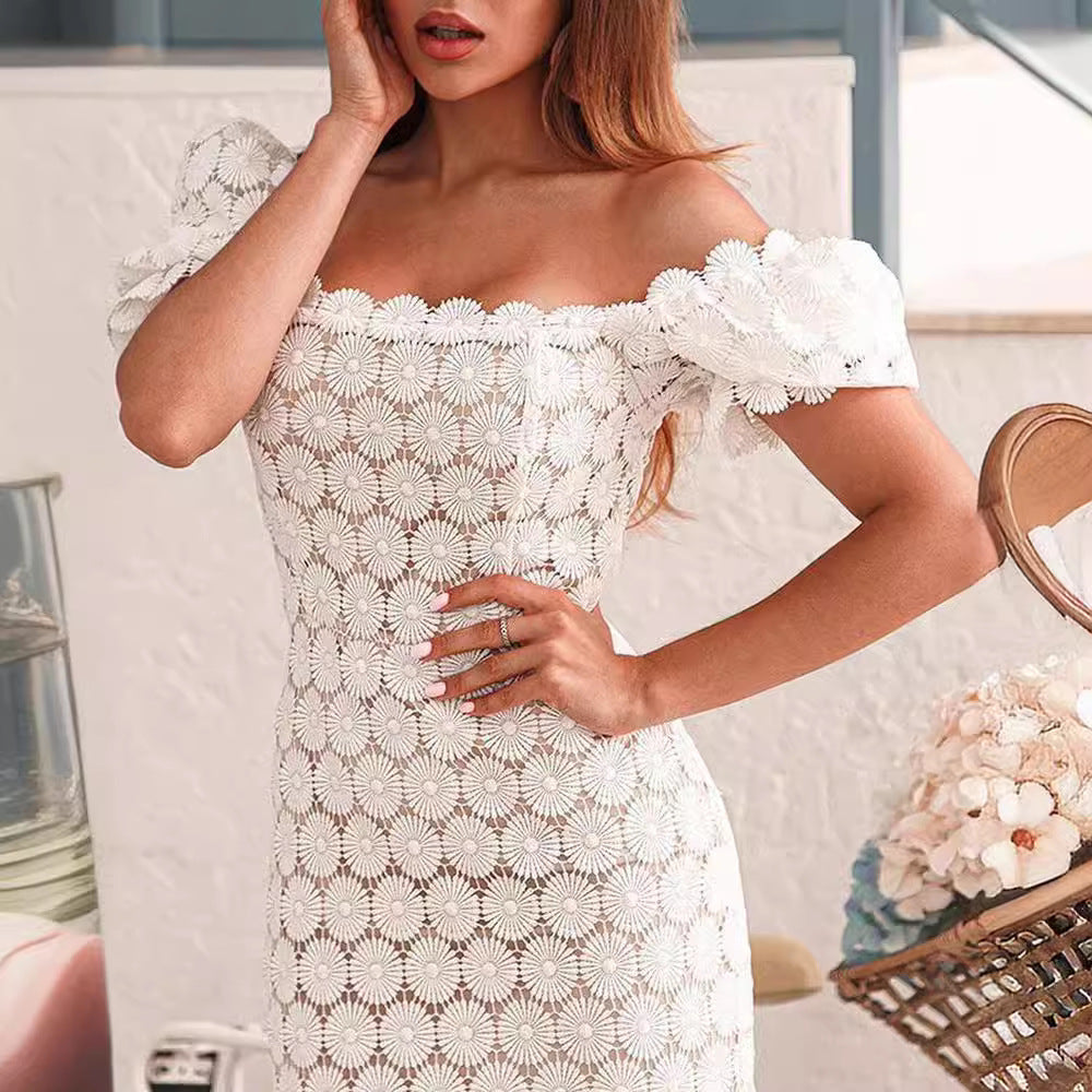 Damen Kleid Spitze Romantisch Puffärmel Blumenmuster