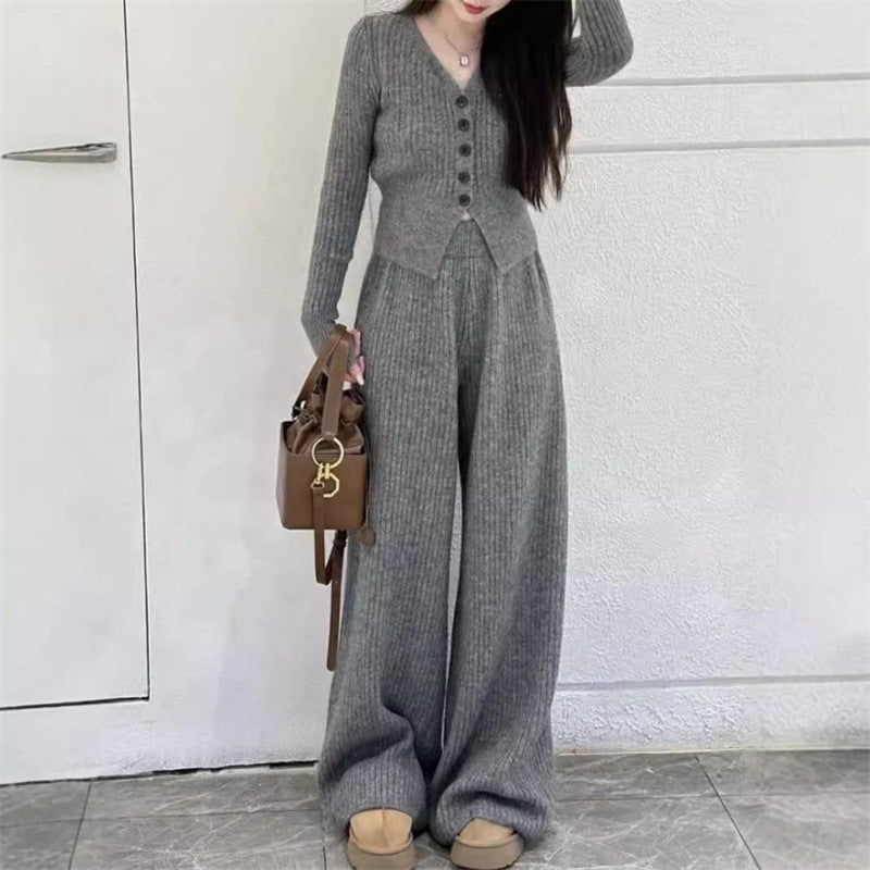 Damen Strickanzug Lässig Knöpfe Beige