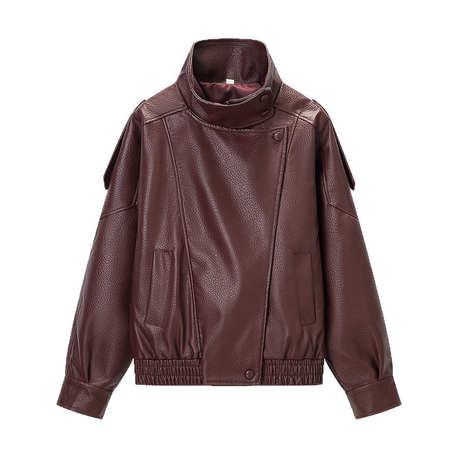 Damen Kunstlederjacke Hochkragen mit Taschen