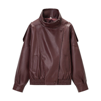 Damen Kunstlederjacke Hochkragen mit Taschen