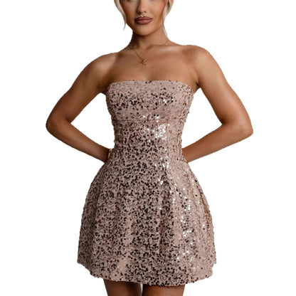Damen Cocktailkleid Schulterfrei Pailletten Eveloria