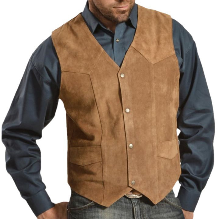 Herren Lederweste Wildleder Rustikal Mit Taschen Braun