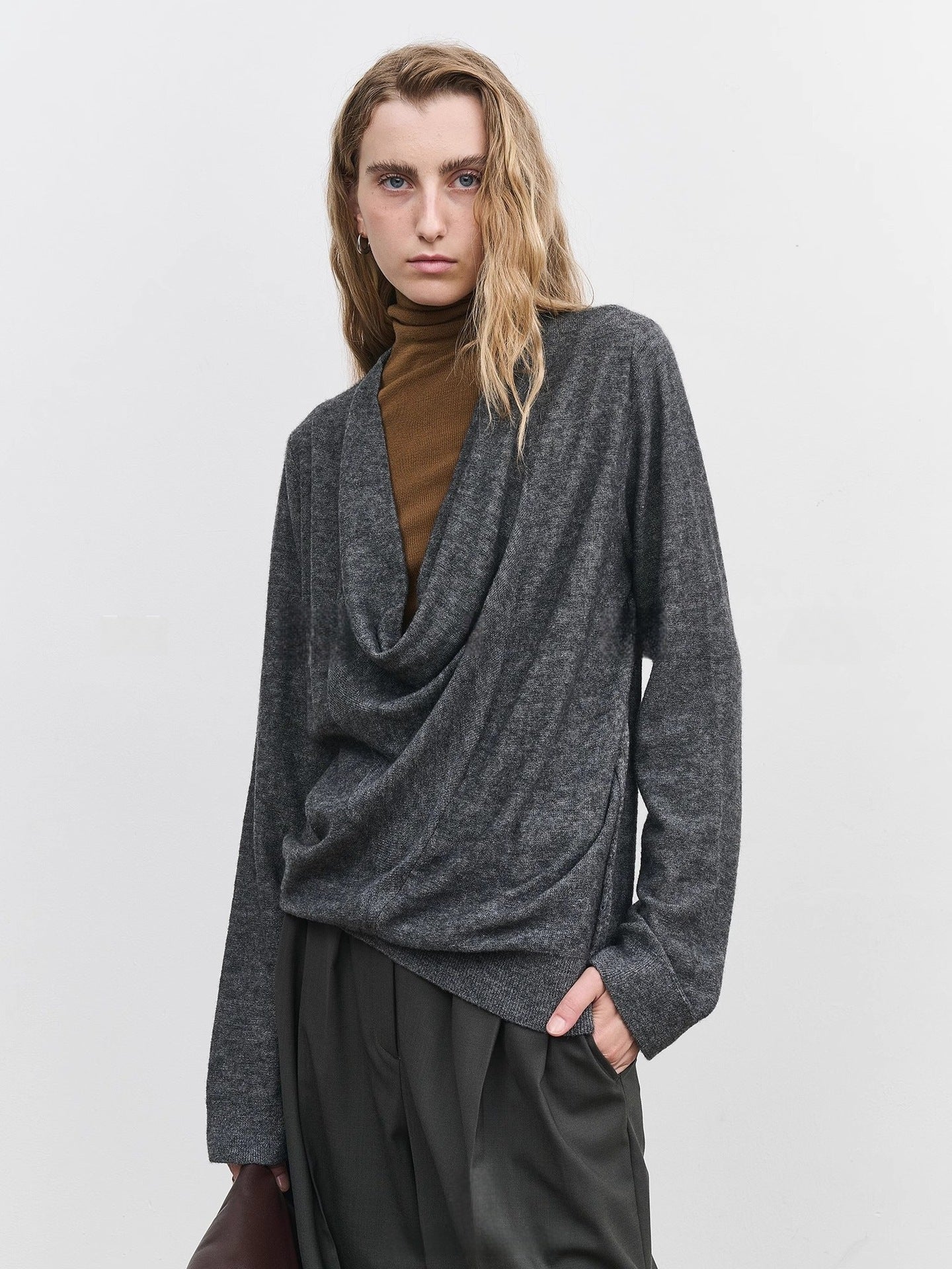 Damen Rollkragenpullover Feinstrick Grau Eveloria