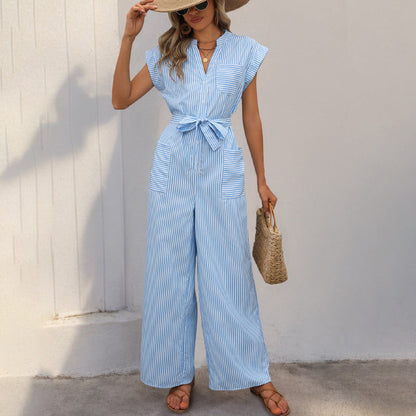 Damen Jumpsuit Taillierbarer Gurt Streifenmuster Eveloria