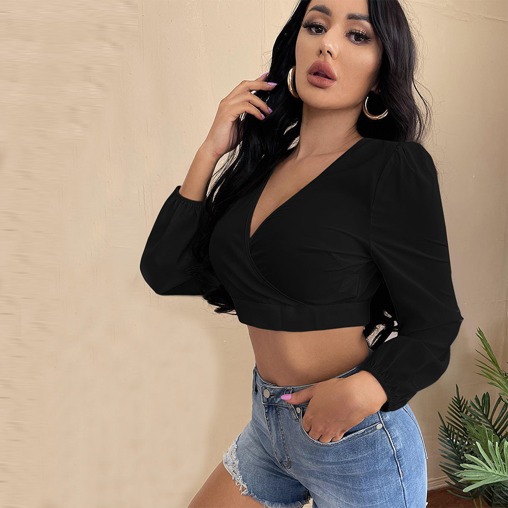 Damen Cropped mit V-Ausschnitt und Puffärmeln Eveloria