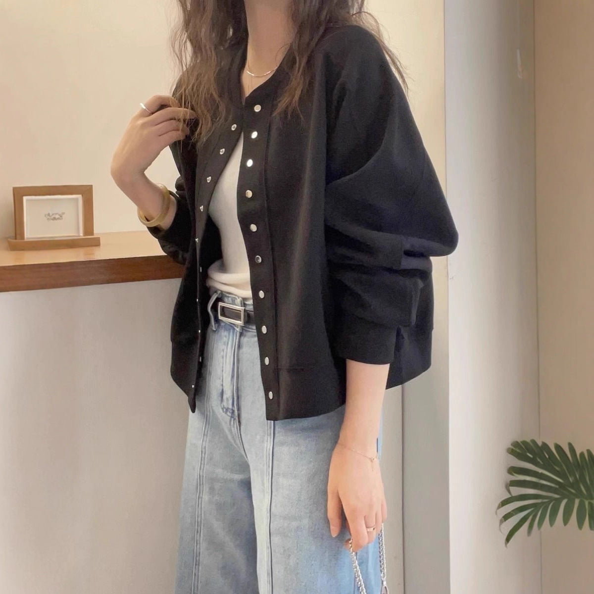 Damen Collegejacke Sportlich Glänzende Druckknöpfe Eveloria