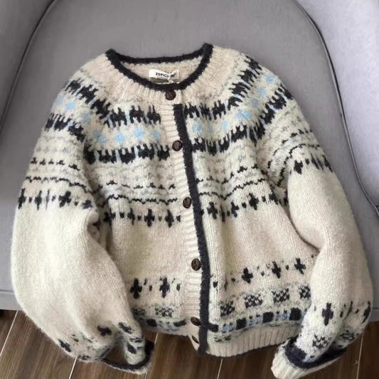 Damen Strickjacke Norwegermuster Hochwertig Blau - Eveloria
