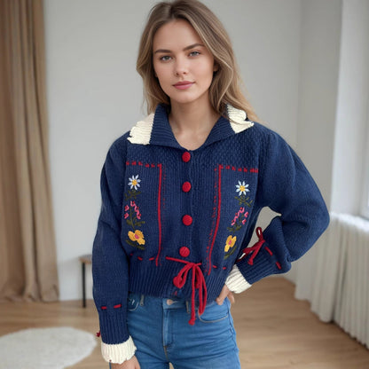 Damen Strickjacke Blumenstickerei Kordelzug