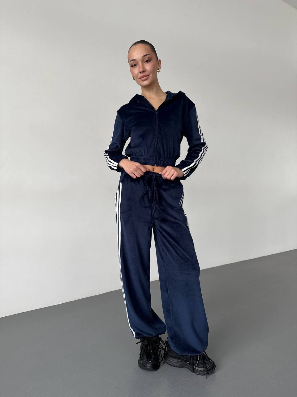 Damen Fleece Sportanzug Cropped Jacke Weite Hose