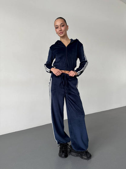 Damen Fleece Sportanzug Cropped Jacke Weite Hose