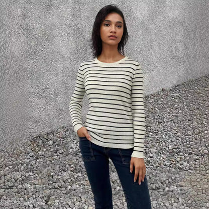 Damen Rippenpullover Gestreift Verlängerte Ärmel Eveloria