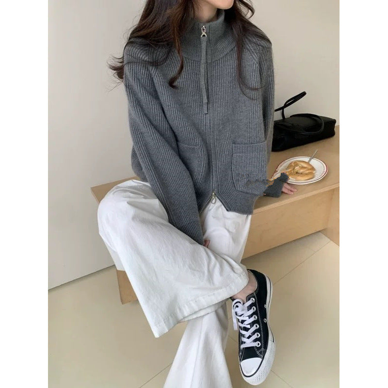 Damen Strickjacke Hochkragen Mit Taschen Eveloria