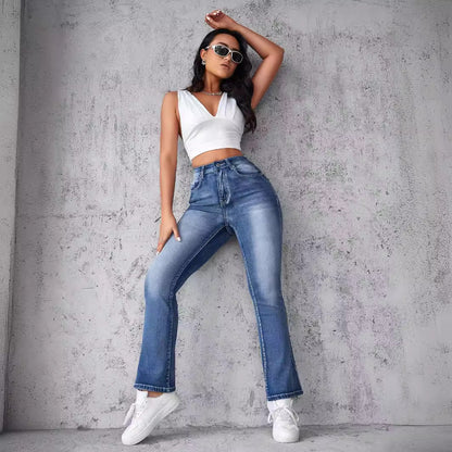 Damen High Waist Jeans Flare Bein aus Stretchdenim