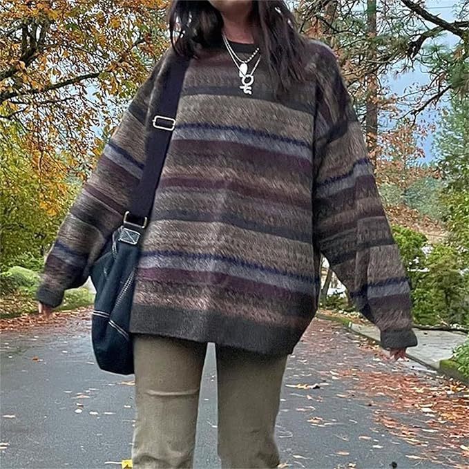 Damen Oversized-Pullover Bunt Streifenmuster Weite Ärmel - Eveloria