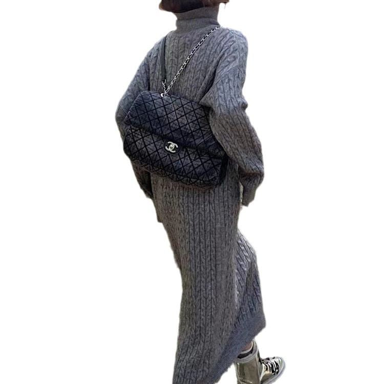 Damen Langkleid Strick Zopfmuster Hochkragen Eveloria