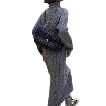 Damen Langkleid Strick Zopfmuster Hochkragen Eveloria