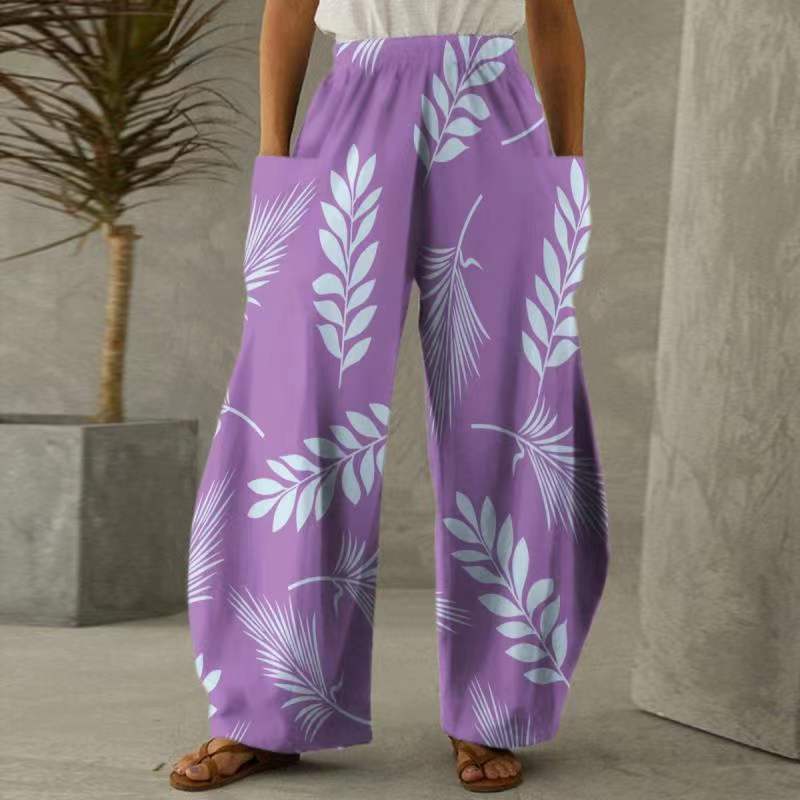 Damen Blumenhosen Weite mit Taschen Elastischer Bund