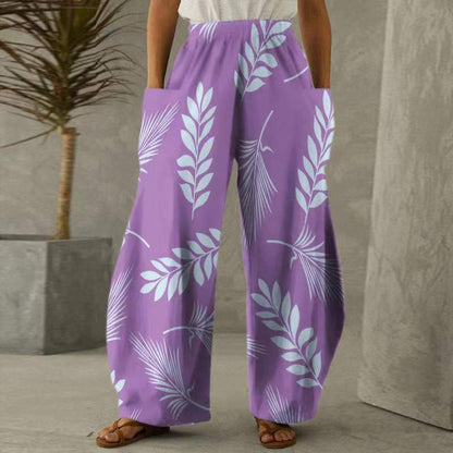 Damen Blumenhosen Weite mit Taschen Elastischer Bund