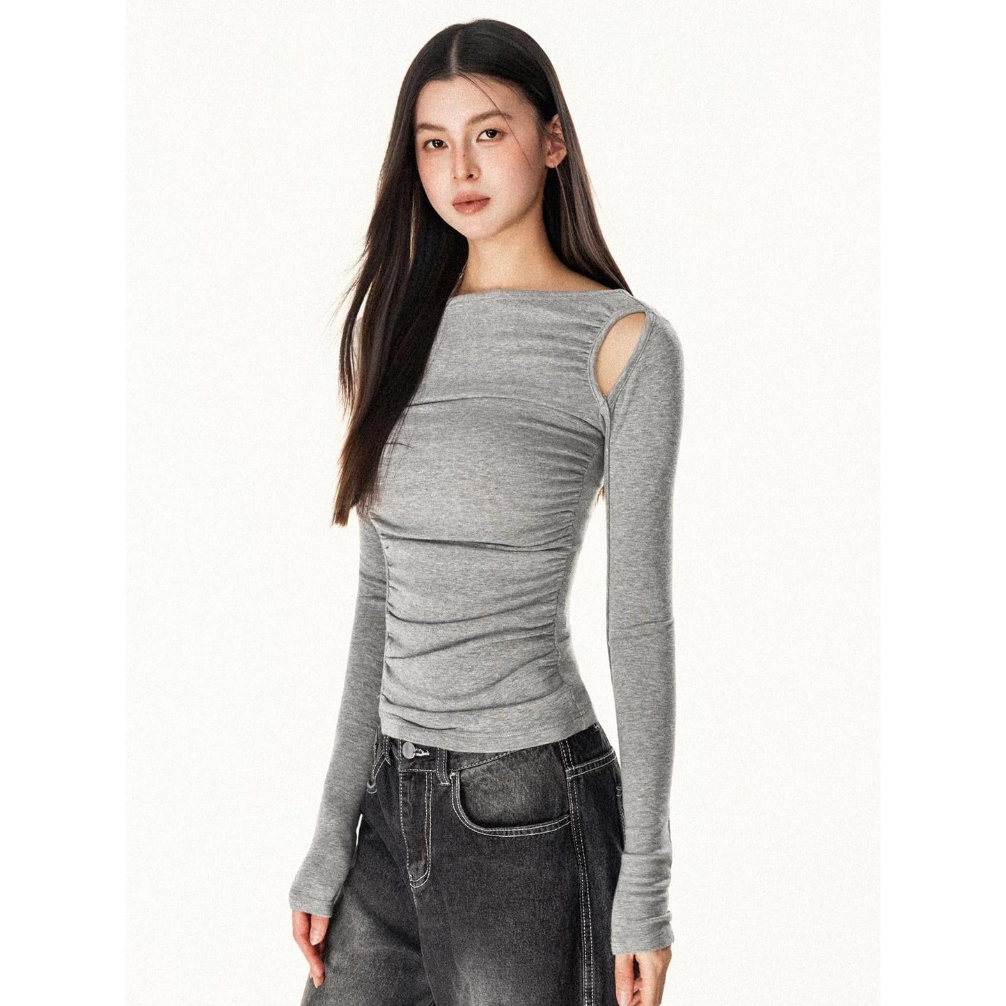 Damen Langarmshirt Asymmetrischer Ausschnitt Figurbetont Eveloria