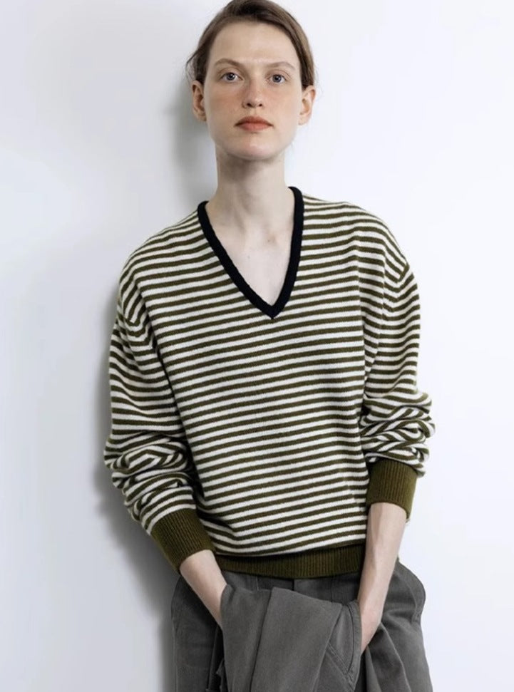 Damen Pullover V-Ausschnitt Streifen Merino Eveloria