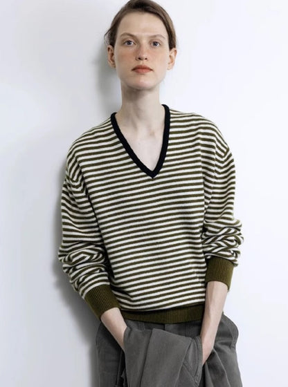 Damen Pullover V-Ausschnitt Streifen Merino Eveloria