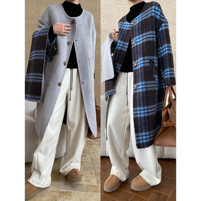 Damen Klassische Karierte Wolljacke Durchgehender Knopfverschluss