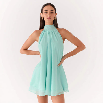 Damen Minikleid Hochgeschlossen Fließender Stoff Verspielter Volant