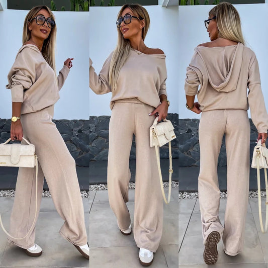 Damen Fleece-Loungewear-Set Weite Passform Beige - Eveloria