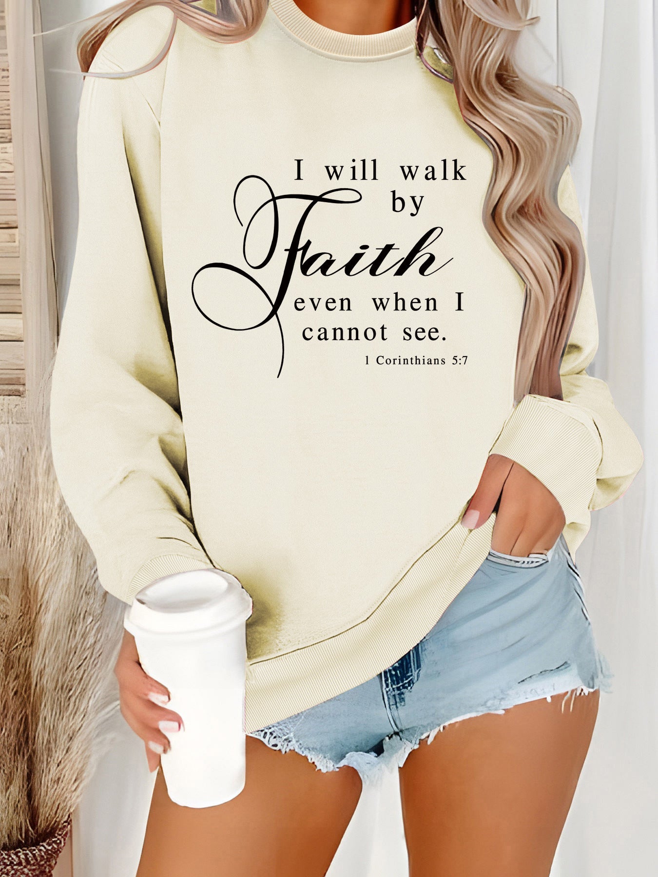 Damen Sweatshirt Weich Velours Mit Schriftzug Beige