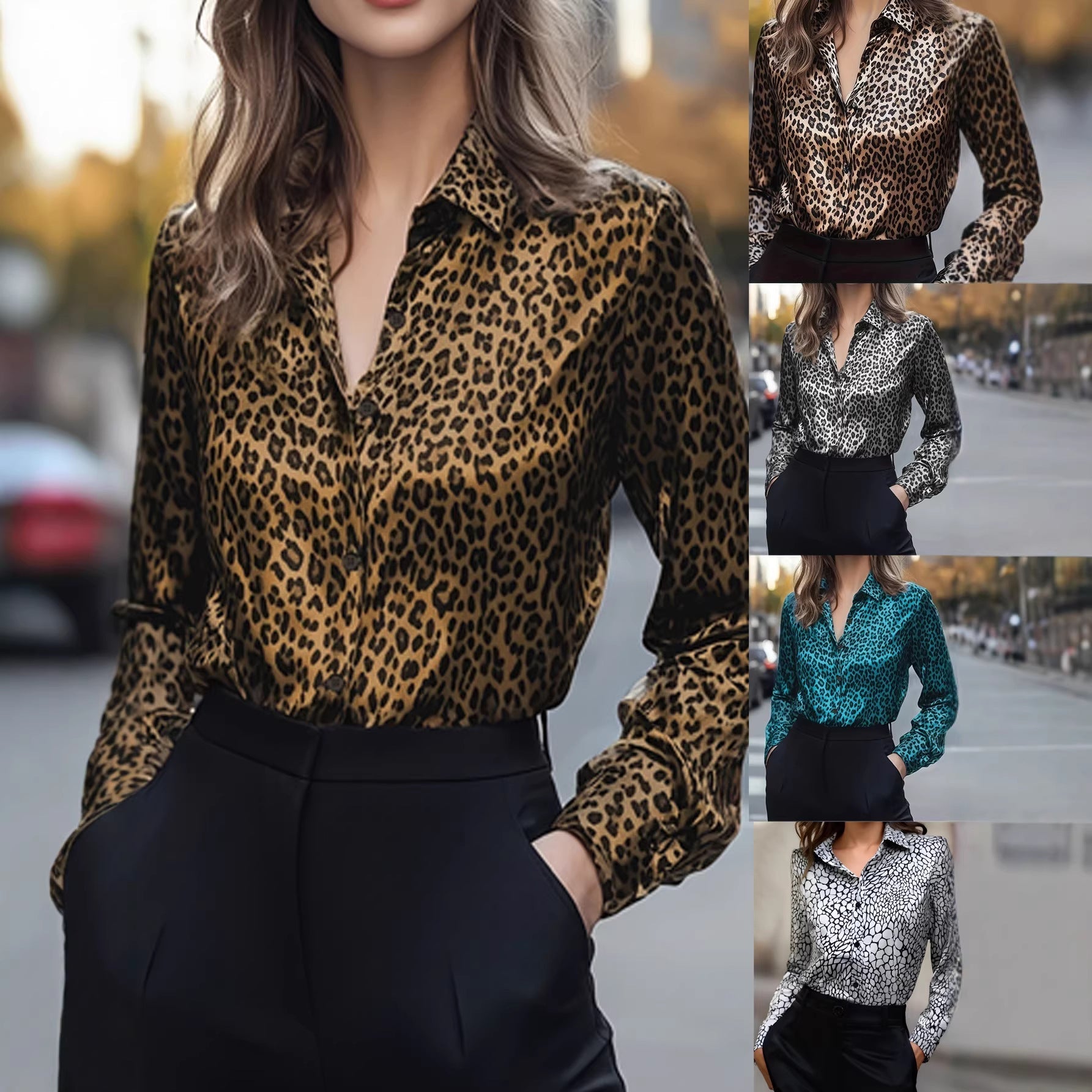 Damen Satinbluse Leo-Muster Schlank Schnitt - Eveloria