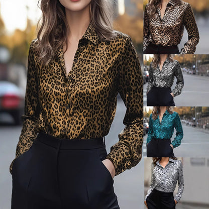 Damen Satinbluse Leo-Muster Schlank Schnitt - Eveloria
