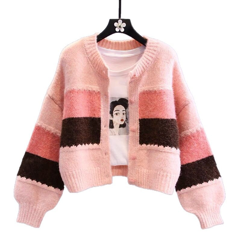 Damen Strickjacke Kontraststreifen Weiß