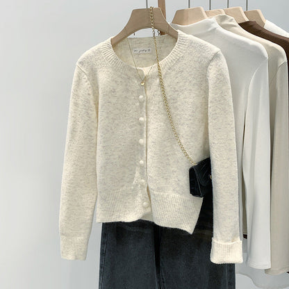 Damen Strickjacke Feinrib mit Knöpfen Beige