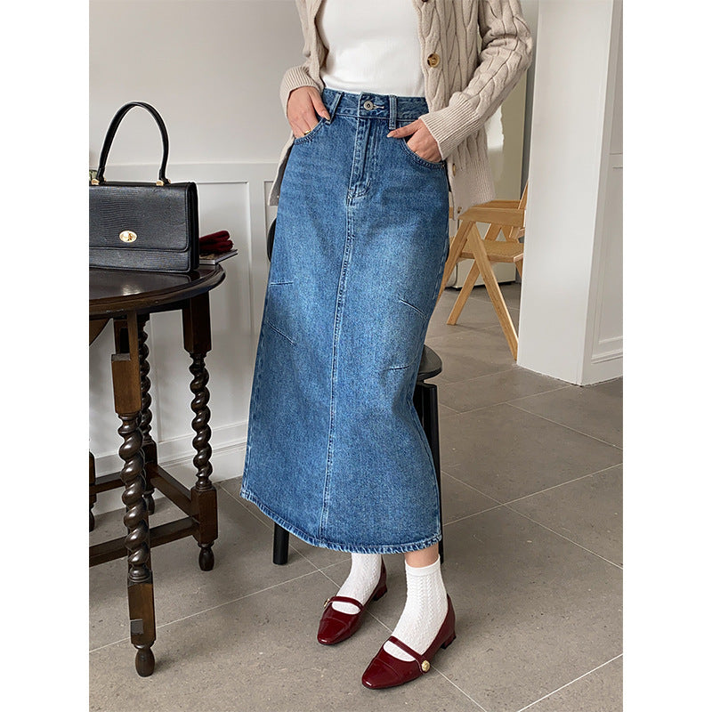 Damen Denimrock Lang Modische Taschen Blau Eveloria