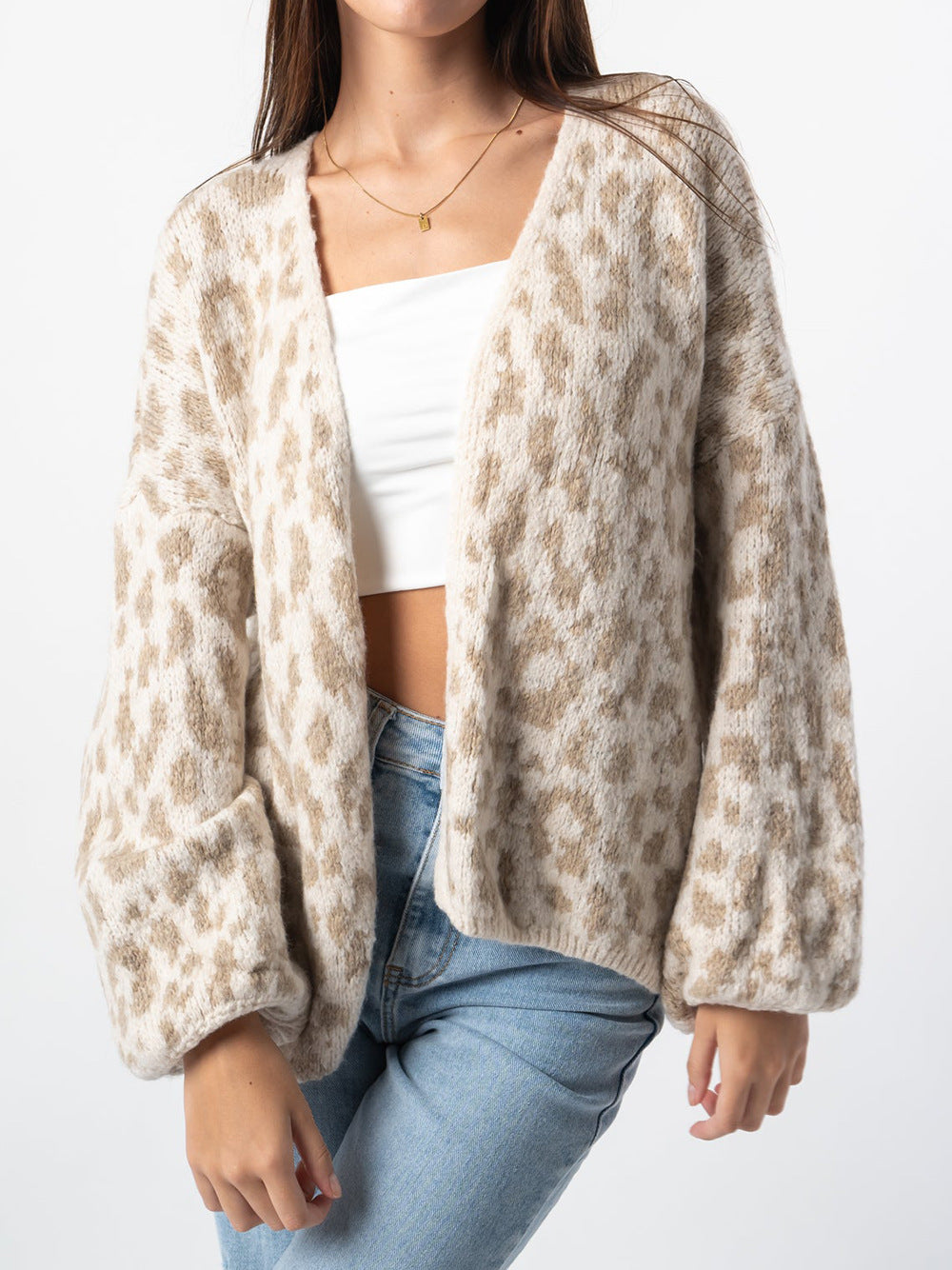 Damen Strickjacke Leopardenmuster Oversized Voluminöse Ärmel