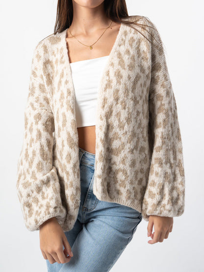 Damen Strickjacke Leopardenmuster Oversized Voluminöse Ärmel