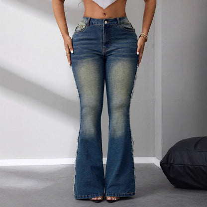 Damen Bootcut Jeans Hohes Bund Leichter Denim Fransen Details