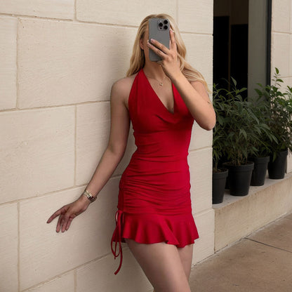 Damen Minikleid Figurbetonter Stil Rüschendetail V-Ausschnitt