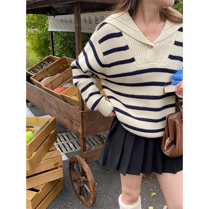 Damen Strickpullover Klassisch Maritim Streifen Eveloria - Eveloria