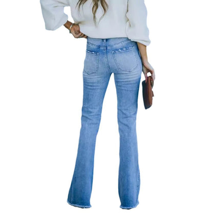 Damen Bootcut Jeans Hochbund Weit Fransen Eveloria